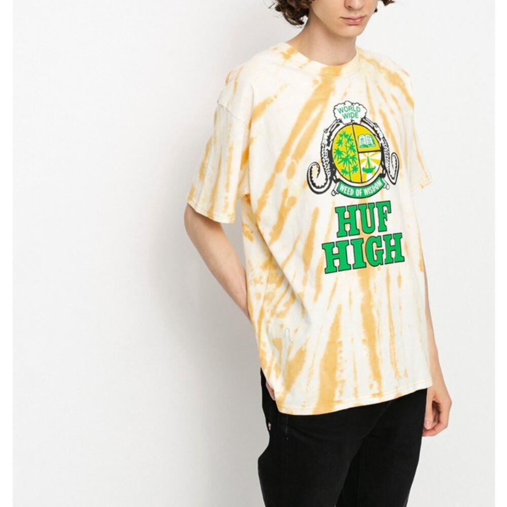 Huf 100% Cotton Yellow & White Tie Dye Graphic Tee Shirt Unisex XL